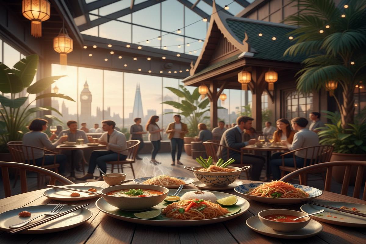 Londra’da otantik bir Thai restoranı, geleneksel yemeklerle donatılmış masa