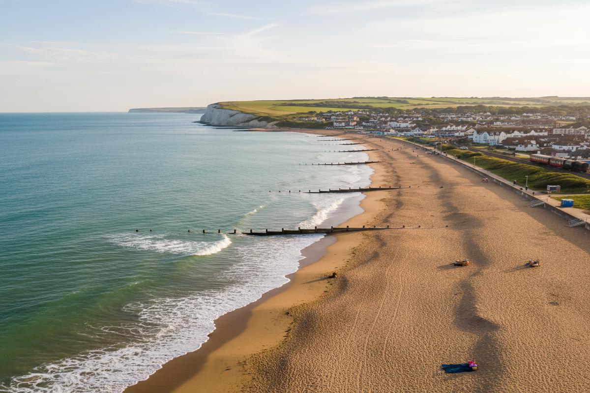 Londra yakınındaki popüler bir plajda güneşlenip eğlenen insanlar
