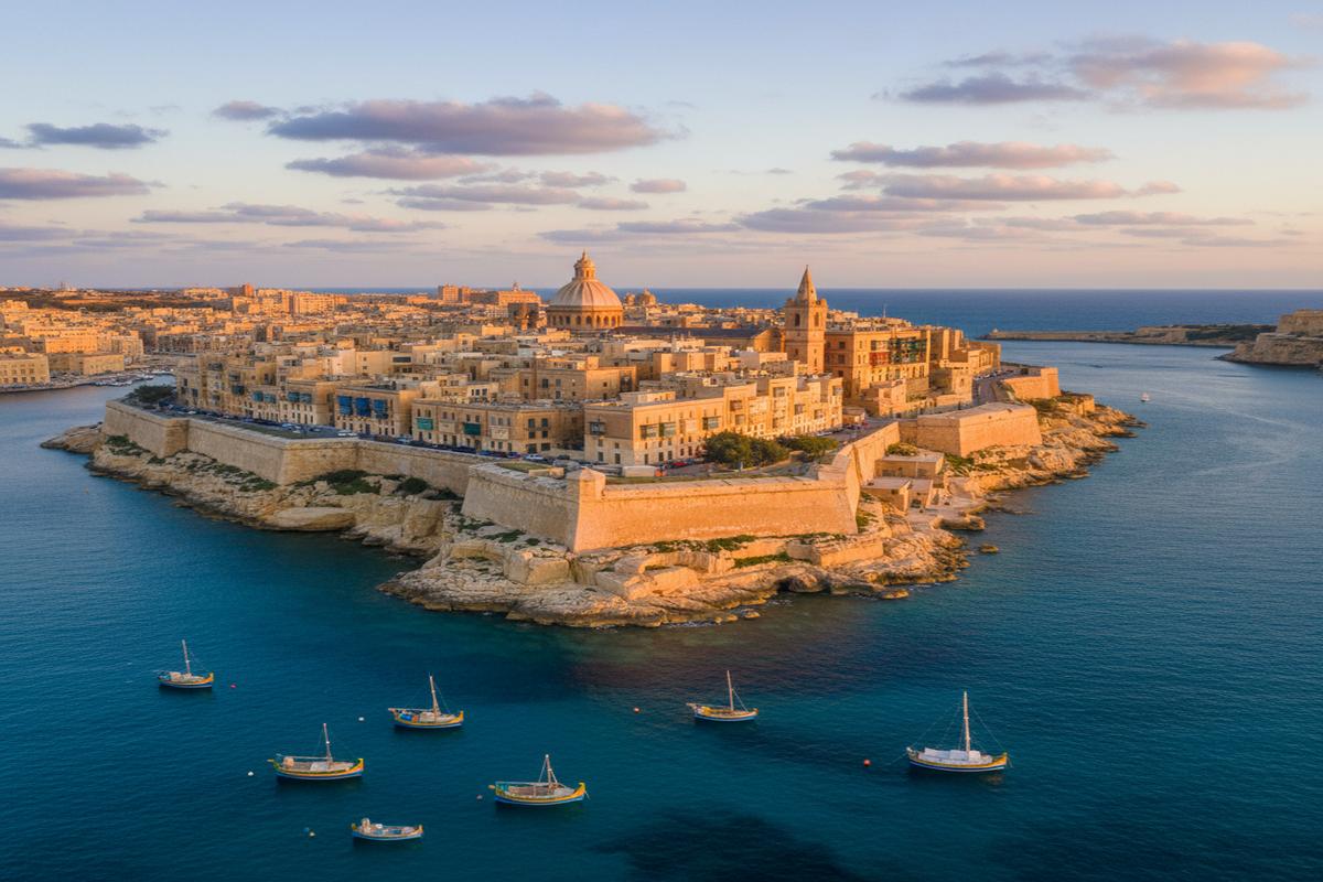 Malta Adasının tarihi şehir manzarası ve Akdeniz
