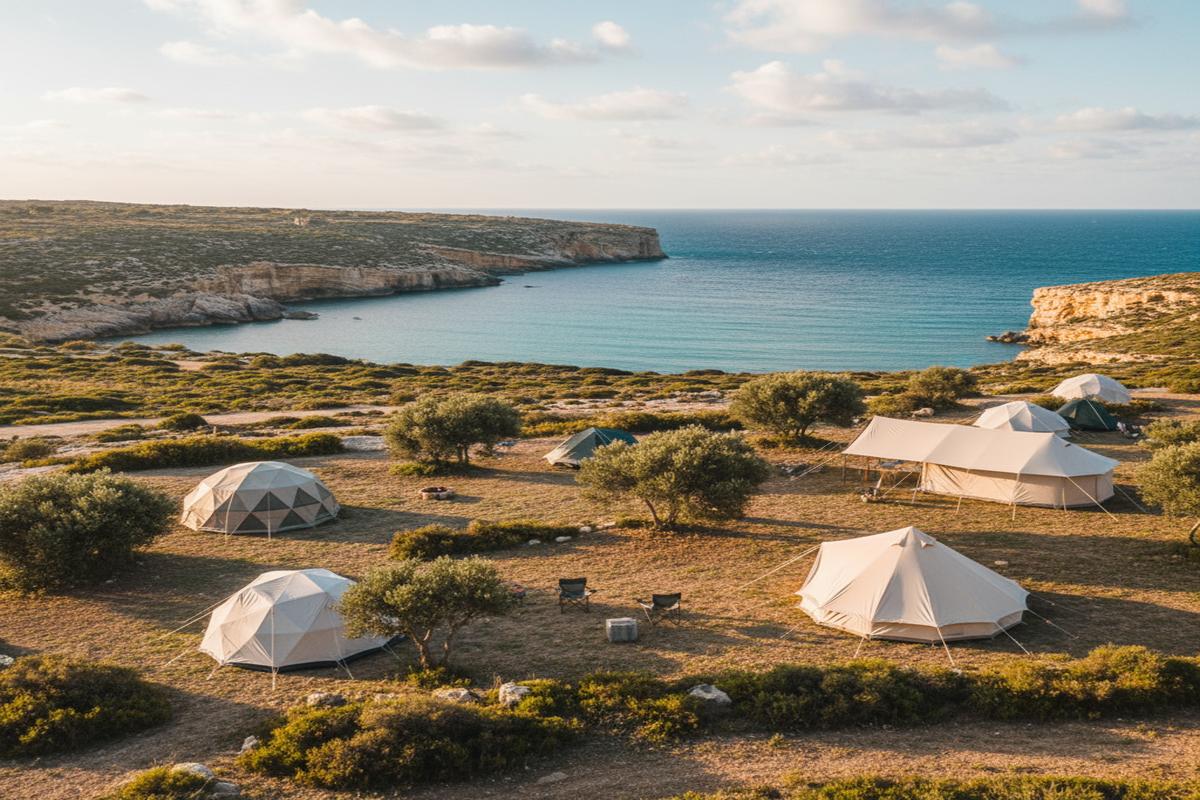 Malta kamp alanlarında çadır kurulu ve doğal manzara