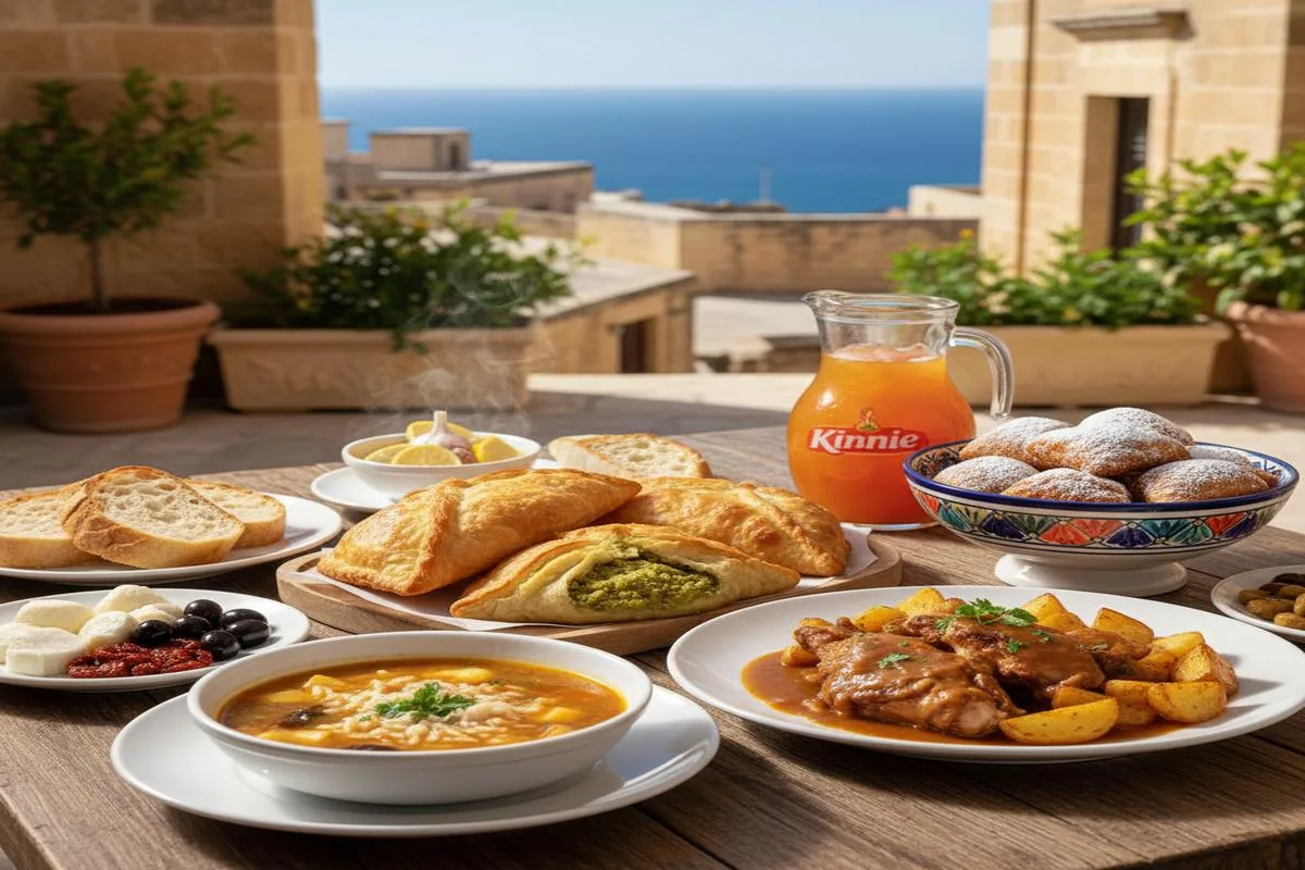 Malta mutfağının tipik yemekleri sofrada sunulmuş