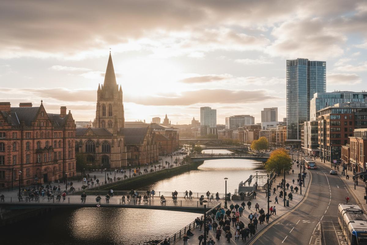 Manchester şehir merkezi, tarihi binalar ve canlı sokaklar