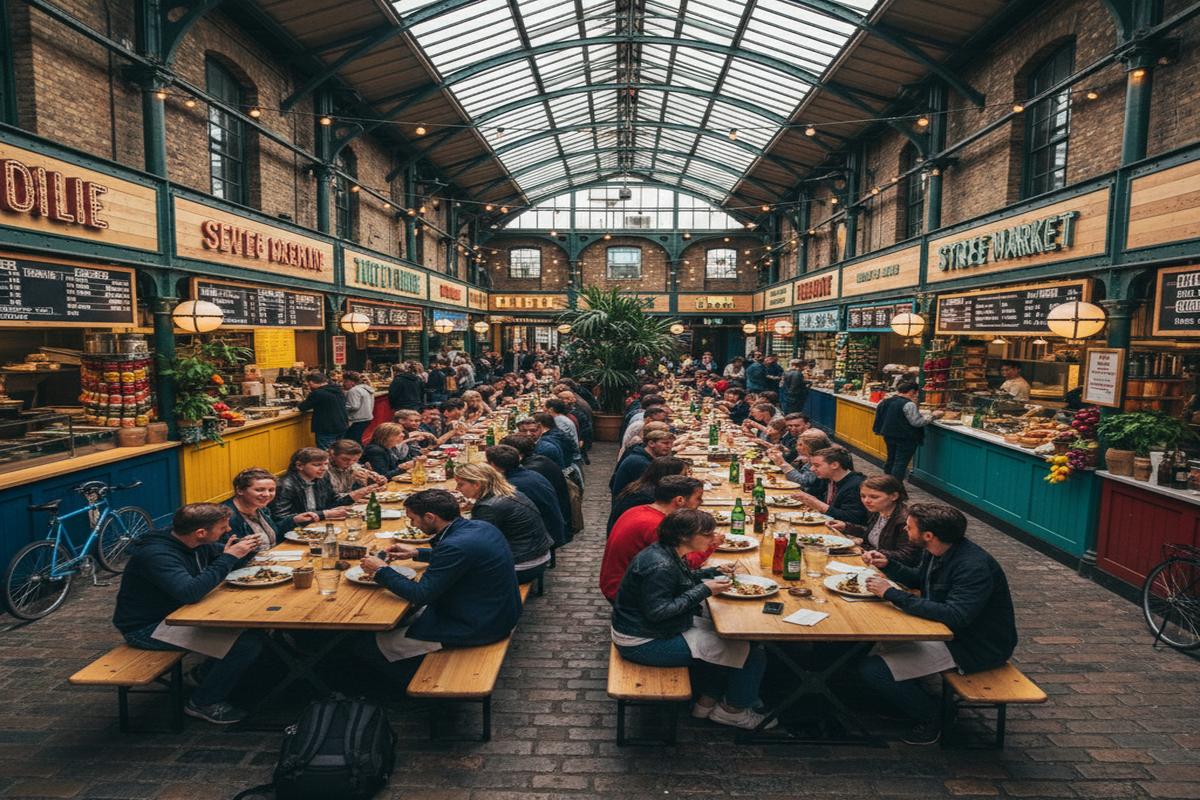 Londra Seven Dials Market'in iç mekanı ve ziyaretçiler