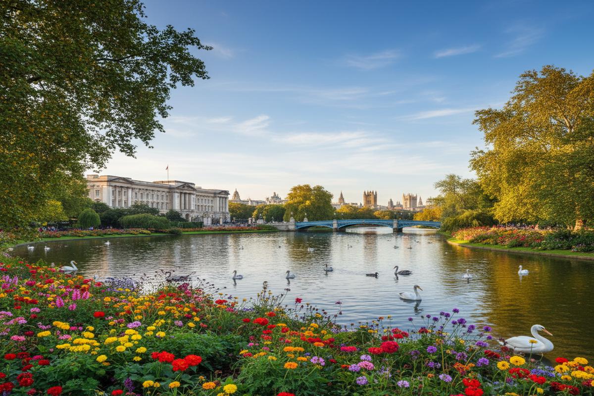 St James's Park'ta göl ve tarihi binalar manzarası