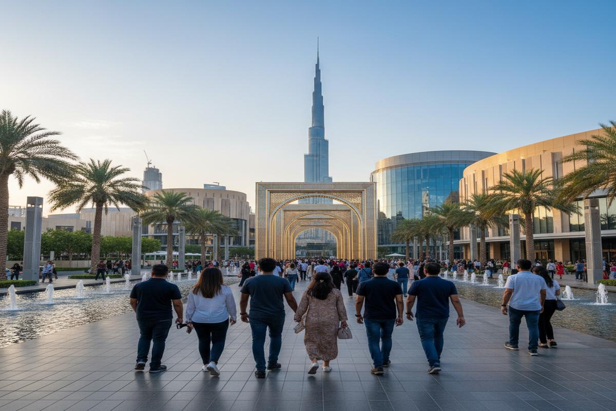 The Dubai Mall alışveriş merkezi dış cephesi ve giriş alanı
