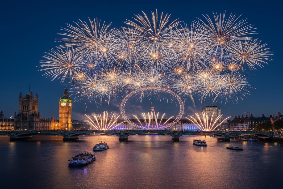 Londra'da yılbaşı gecesi Thames Nehri ve havai fişek gösterisi